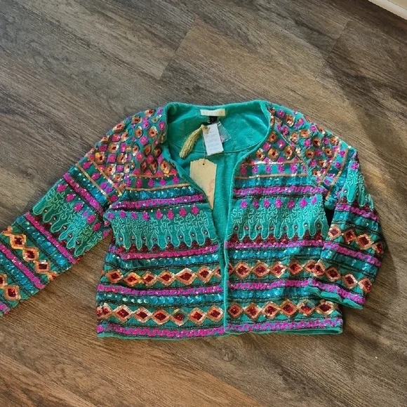 NWT Ruby Yaya Cotton Velvet Beaded Sequin Jacket Teal Boho Glam Large - Picture 12 of 12